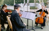 Two violinists and a cellist performing at an outdoor wedding ceremony near a gazebo
