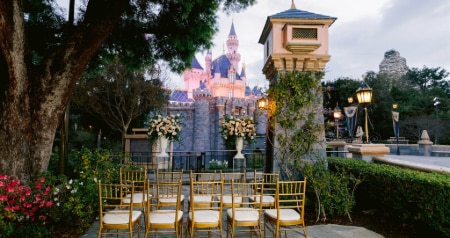 The Fantasy Faire Garden in Disneyland, featuring ornate vases with rose arrangements, a large tree with flowers on the base, 2 sections of chairs and background views of Sleeping Beauty Castle