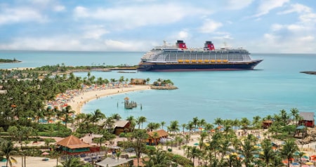 The Disney Fantasy cruise ship docked at Disney Castaway Cay