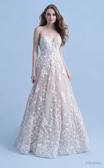 A woman in the Snow White wedding gown from the 2021 Disney Fairy Tale Weddings Collection