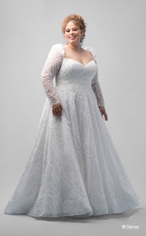 A bride wearing a Cinderella inspired A line gown featuring a V neckline, beading and long, sheer sleeves