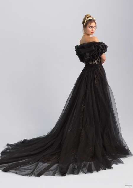 The back of a black and gold off the shoulder wedding dress inspired by the Evil Queen