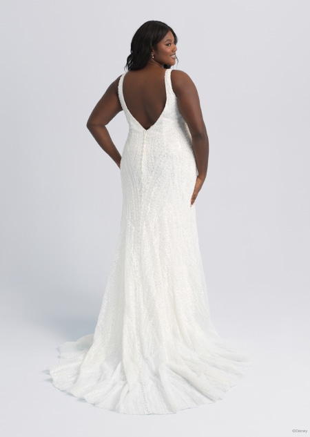 The back of a sleeveless wedding dress featuring a long train inspired by Tiana from The Princess and the Frog