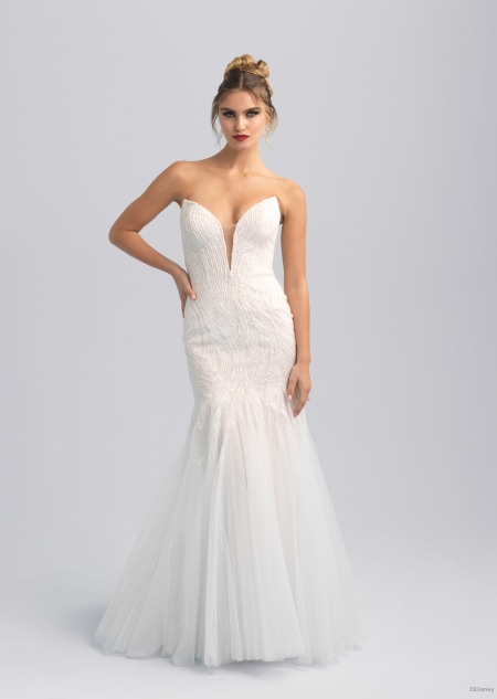 A white wedding dress featuring long and gauzy sleeves inspired by Ursula from The Little Mermaid A white wedding dress featuring long and gauzy sleeves inspired by Ursula from The Little Mermaid