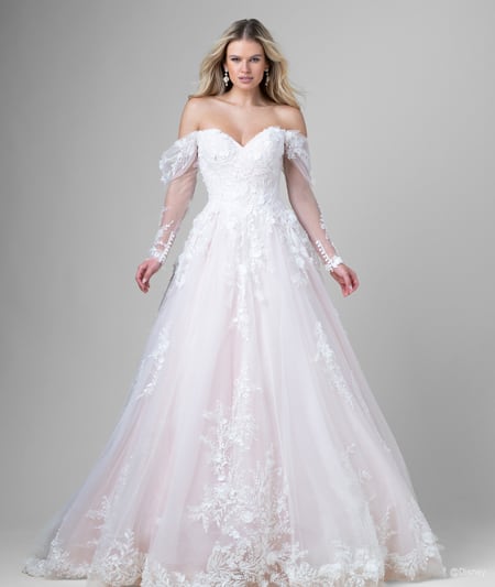 The front of a bride wearing an Aurora inspired A line gown featuring an off the shoulder neckline and lace detail