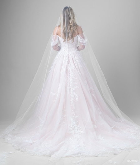 The back of a bride wearing an Aurora inspired A line gown featuring lace detail, a train and a veil The back of a bride wearing an Aurora inspired A line gown featuring lace detail, a train and a veil