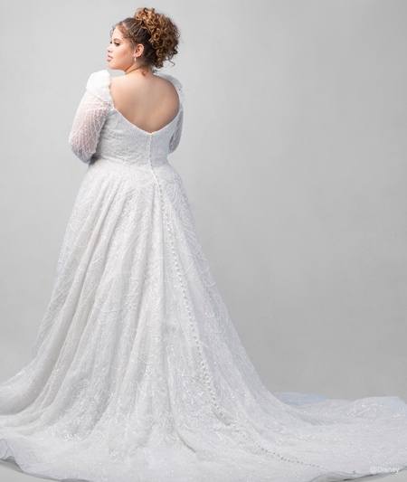 The back of a bride wearing a Cinderella inspired A line gown featuring beading, a train and long, sheer sleeves The back of a bride wearing a Cinderella inspired A line gown featuring beading, a train and long, sheer sleeves