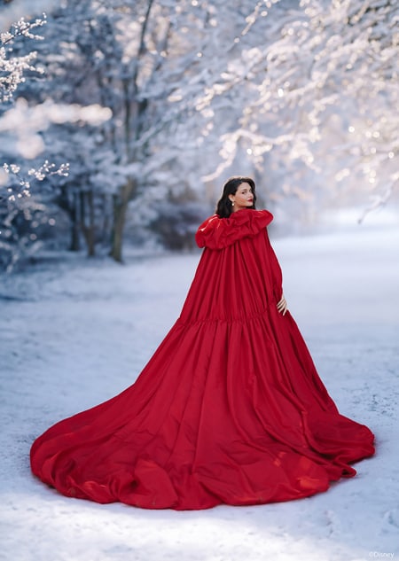 A woman posing in a snowy forest with her back turned wearing a dramatic cape with long sleeves, an intricate collar and a long train 