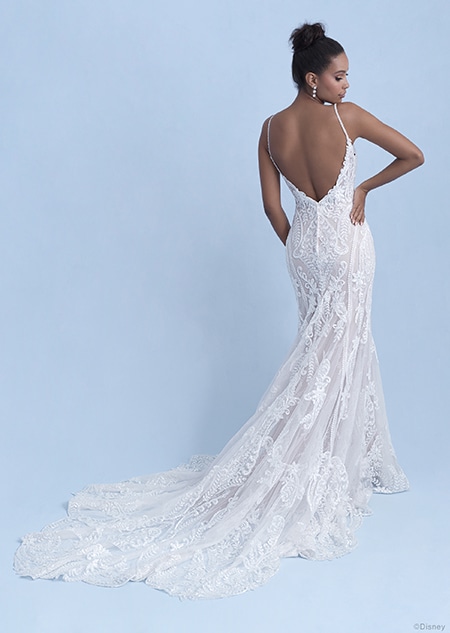 A back side view of a woman in the Tiana wedding gown from the 2021 Disney Fairy Tale Weddings Collection