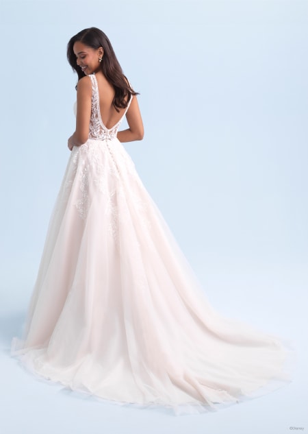 The back of a sleeveless wedding dress inspired by Pocahontas