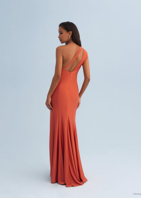 The back of a woman wearing a Pocahontas themed bridesmaid dress with an asymmetrical shoulder strap