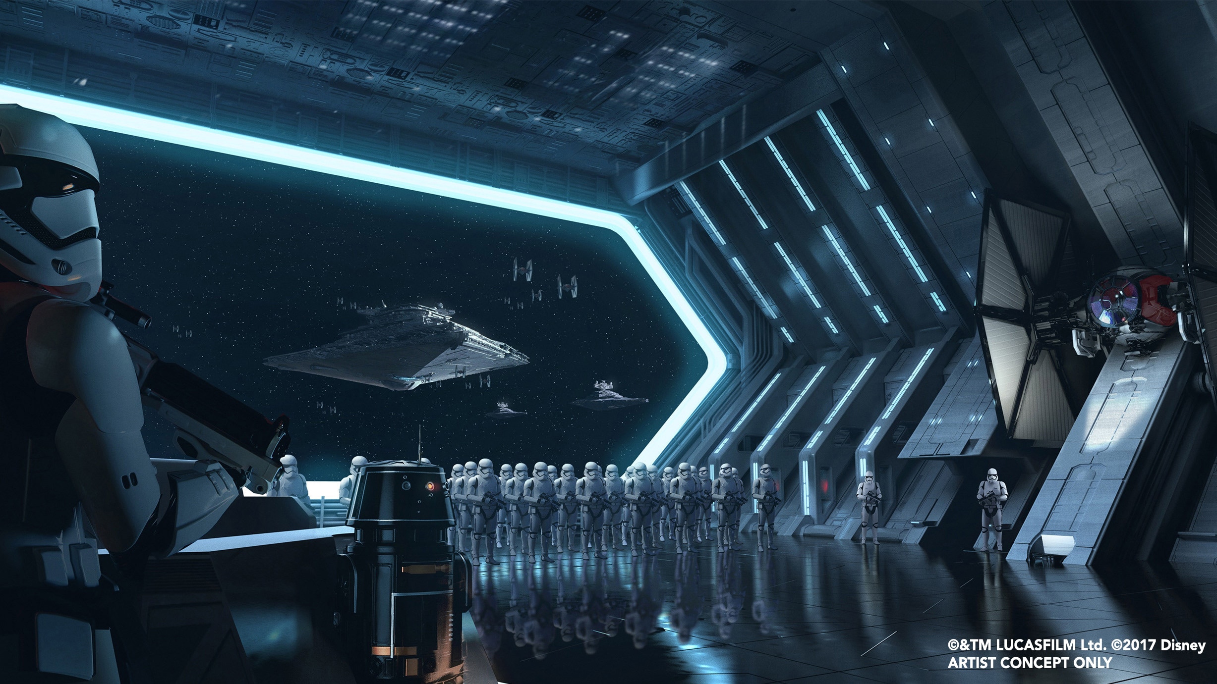 Conceptual art depicting stormtroopers standing in formation in the hangar of Starkiller Base