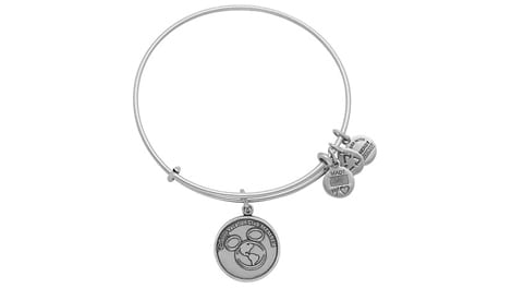 A silver ALEX AND ANI bangle bracelet with a Disney Vacation Club