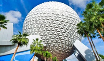 Epcot Palm trees in front of Spaceship Earth at Epcot