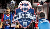 A contestant playing Pop a Shot and a contestant holding a trophy next to a logo of the Pop a Shot National Championship 2025