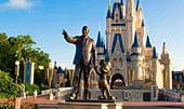 Partners statute and Cinderella Castle on a clear day at Magic Kingdom park
