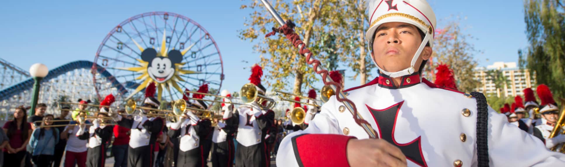 A marching band performs at Disney California Adventure Park